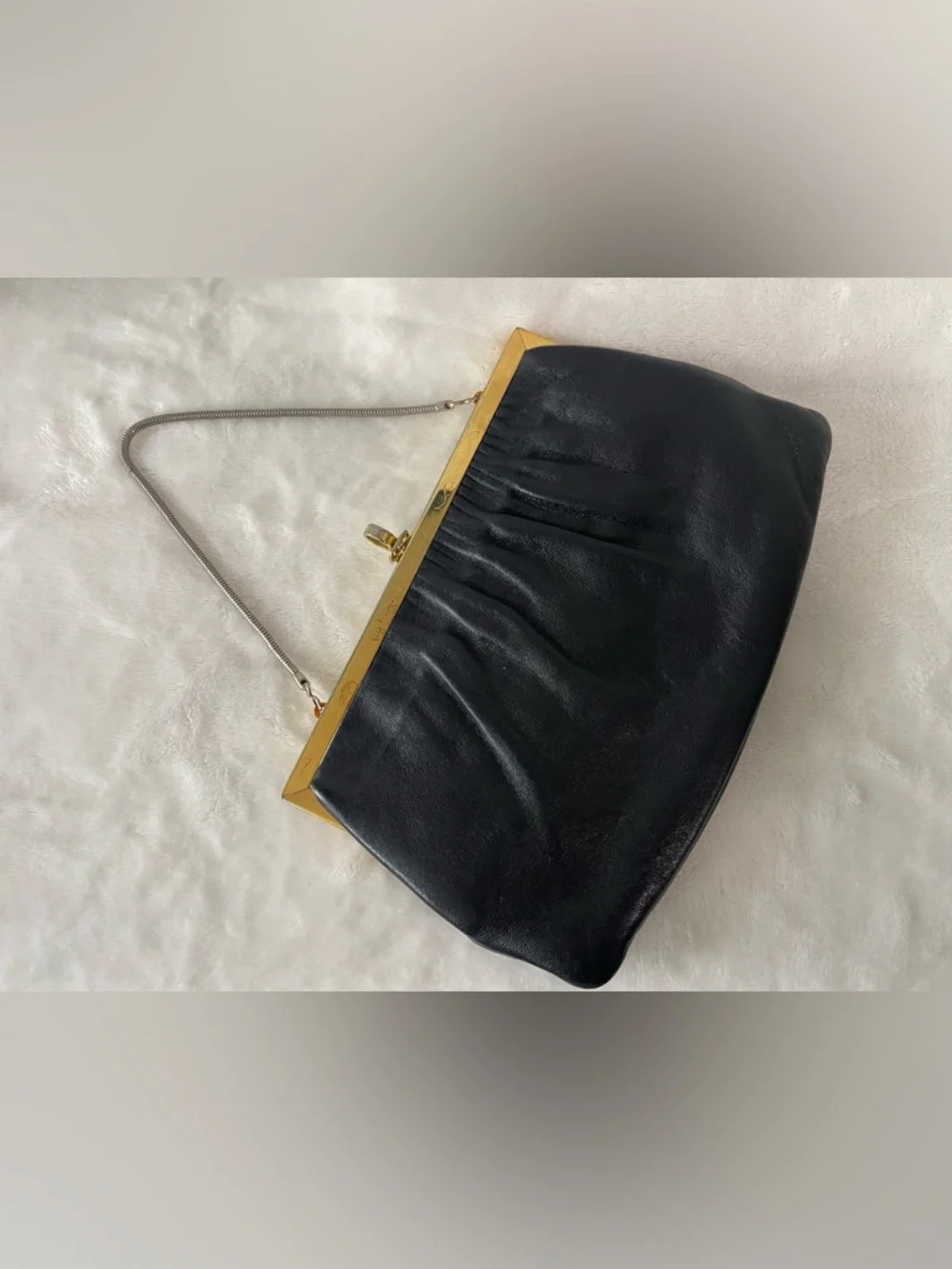 Vintage Etra Genuine leather black clutch hand bag purse gold with filigree